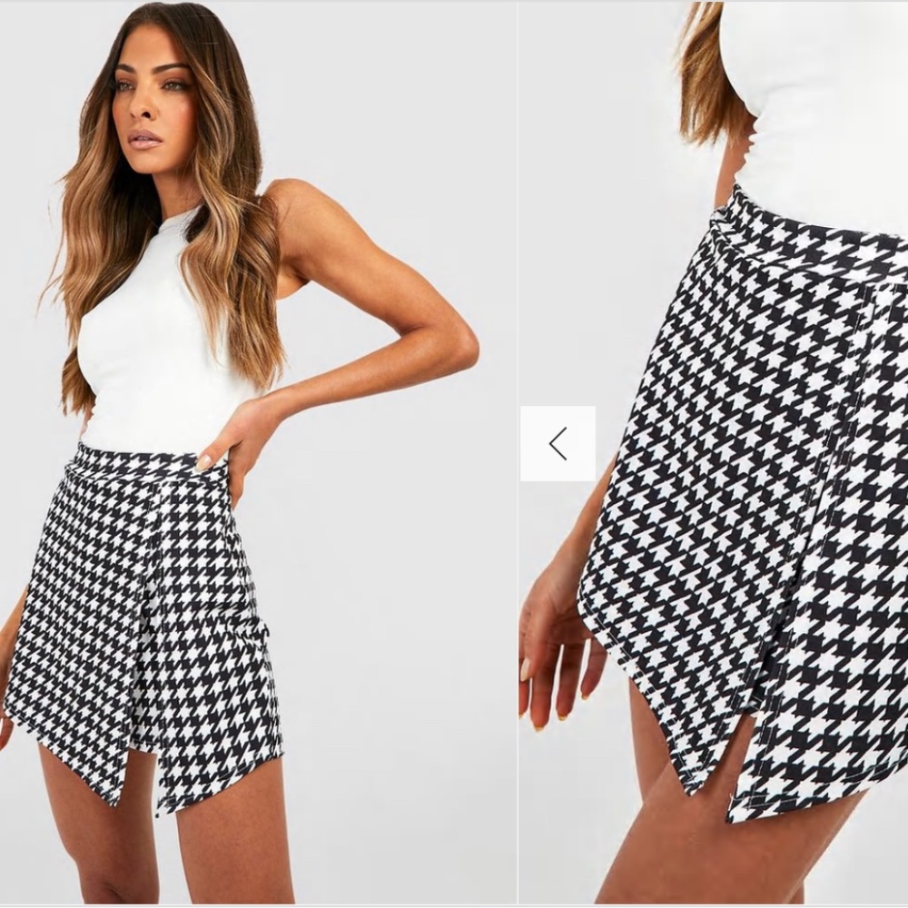 NEW Boohoo Black and White Houndstooth Print Skort